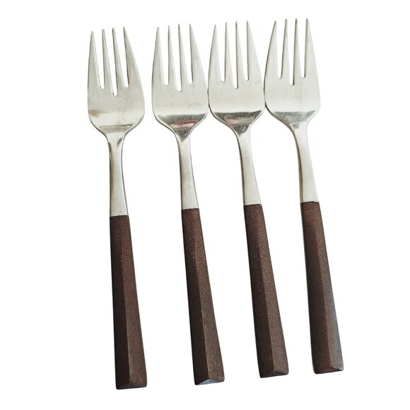 4 Woodwind Salad Fork 5" wood-like handle vtg midcentury boho minimalist mixed m - Picture 3 of 9